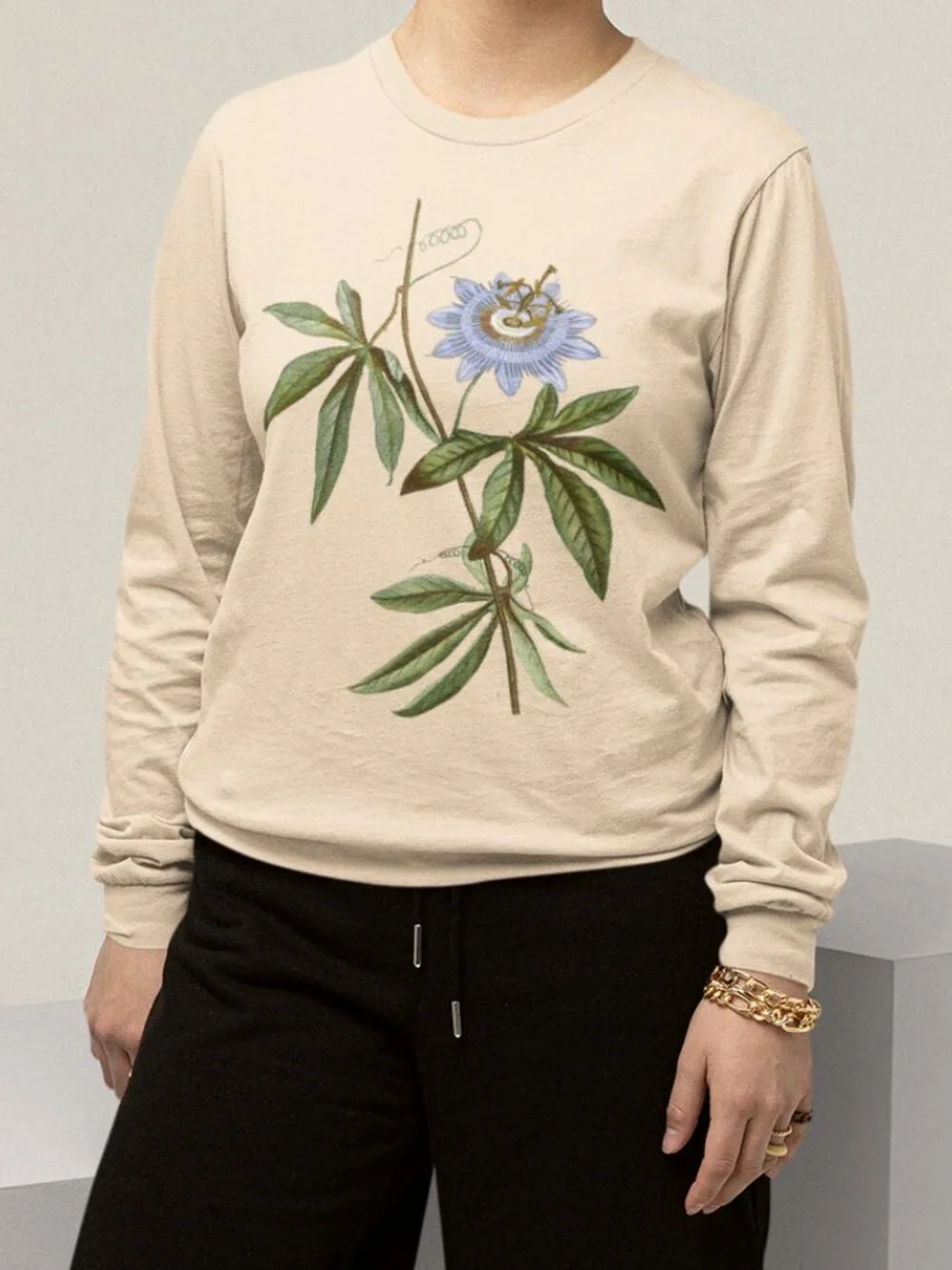 Blue Passionflower Vintage Floral Print Long Sleeve Graphic Tee T-shirt S-XXL